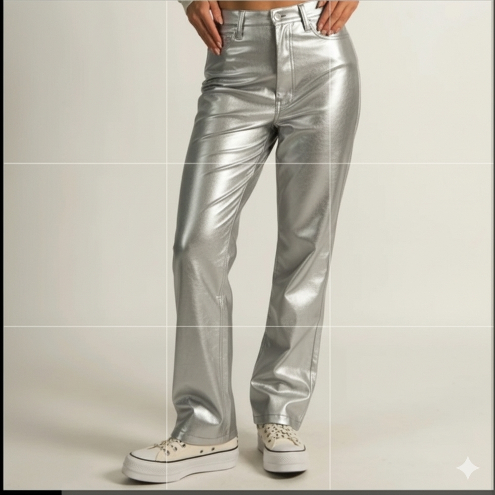 SZ10 House of Harlow 1960 Shimmering Silver Faux Leather Straight Leg Pants